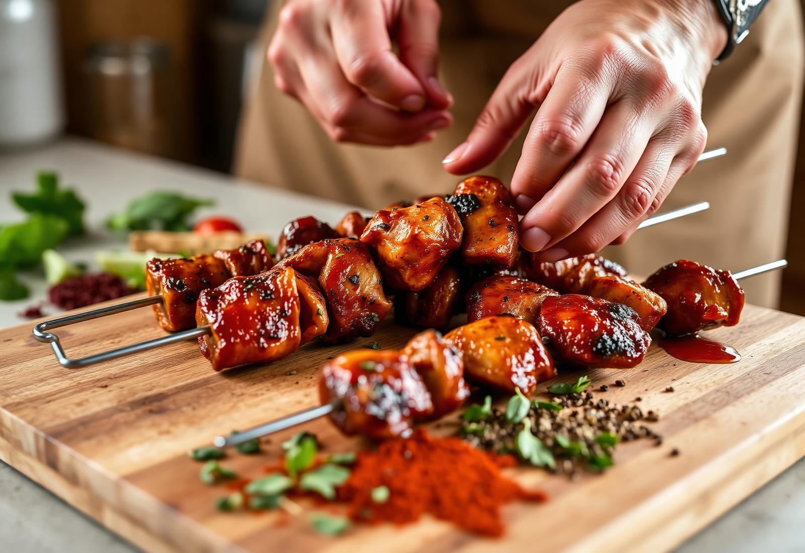 Hands preparing kababs